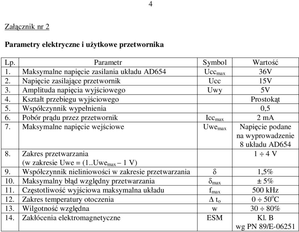 Maksymalne napięcie wejściowe Uwe max Napięcie podane na wyprowadzenie 8 układu AD654 8. Zakres przetwarzania 1 4 V (w zakresie Uwe = (1..Uwe max 1 V) 9.