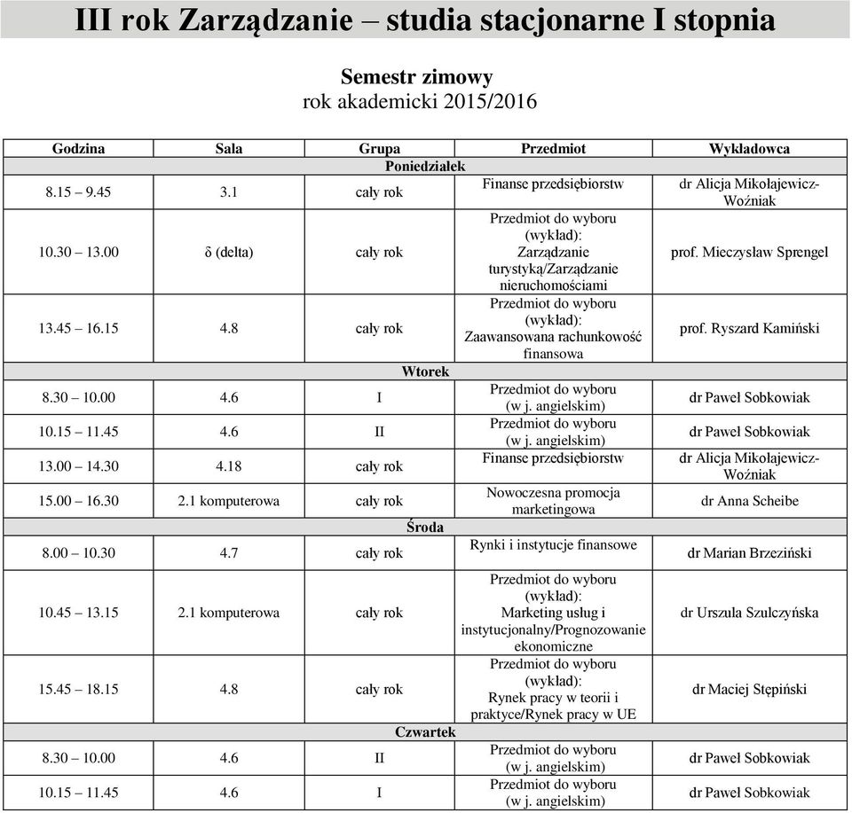 00 14.30 4.18 cały rok 15.00 16.30 cały rok 8.00 10.30 4.7 cały rok Finanse przedsiębiorstw Nowoczesna promocja marketingowa Rynki i instytucje finansowe 10.45 13.