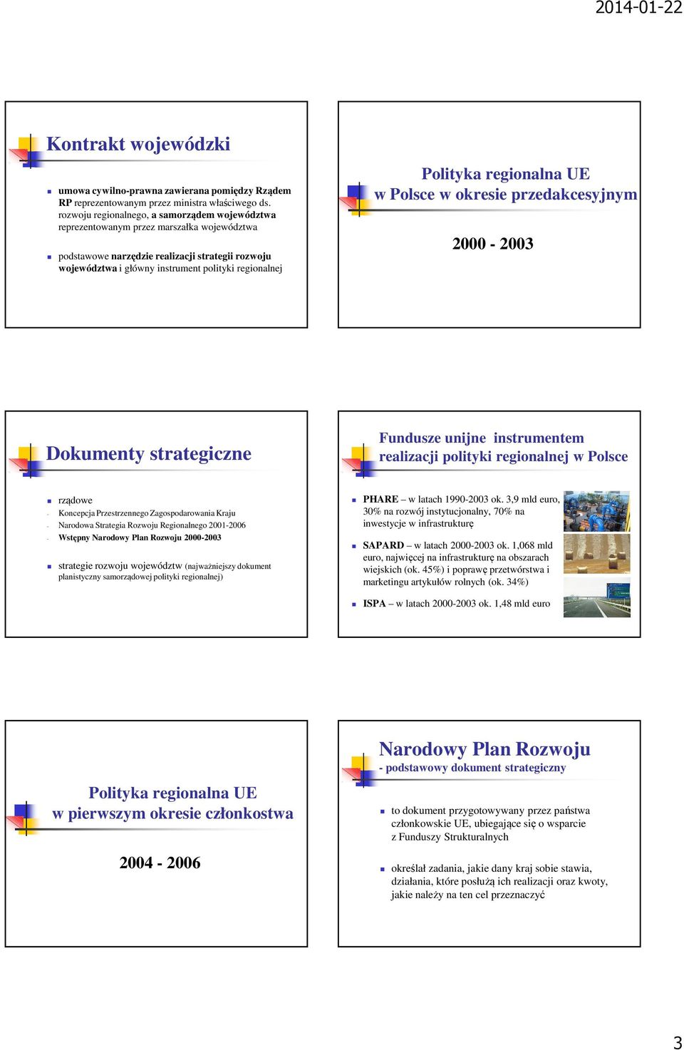 Polityka regionalna UE w Polsce w okresie przedakcesyjnym 2000-2003 Dokumenty strategiczne Fundusze unijne instrumentem realizacji polityki regionalnej w Polsce rządowe - Koncepcja Przestrzennego