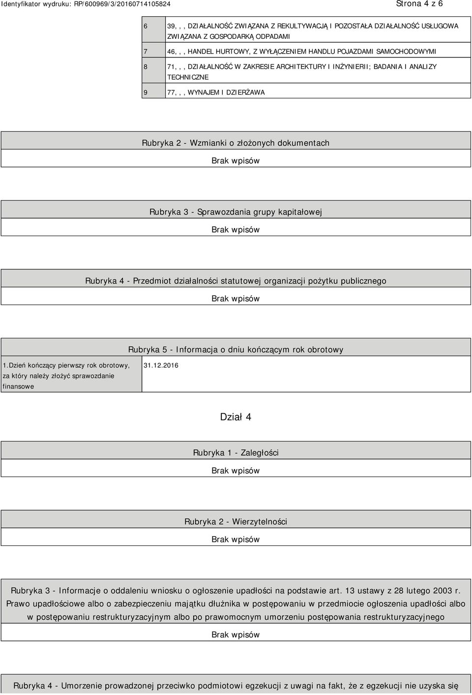 Rubryka 4 - Przedmiot działalności statutowej organizacji pożytku publicznego Rubryka 5 - Informacja o dniu kończącym rok obrotowy 1.