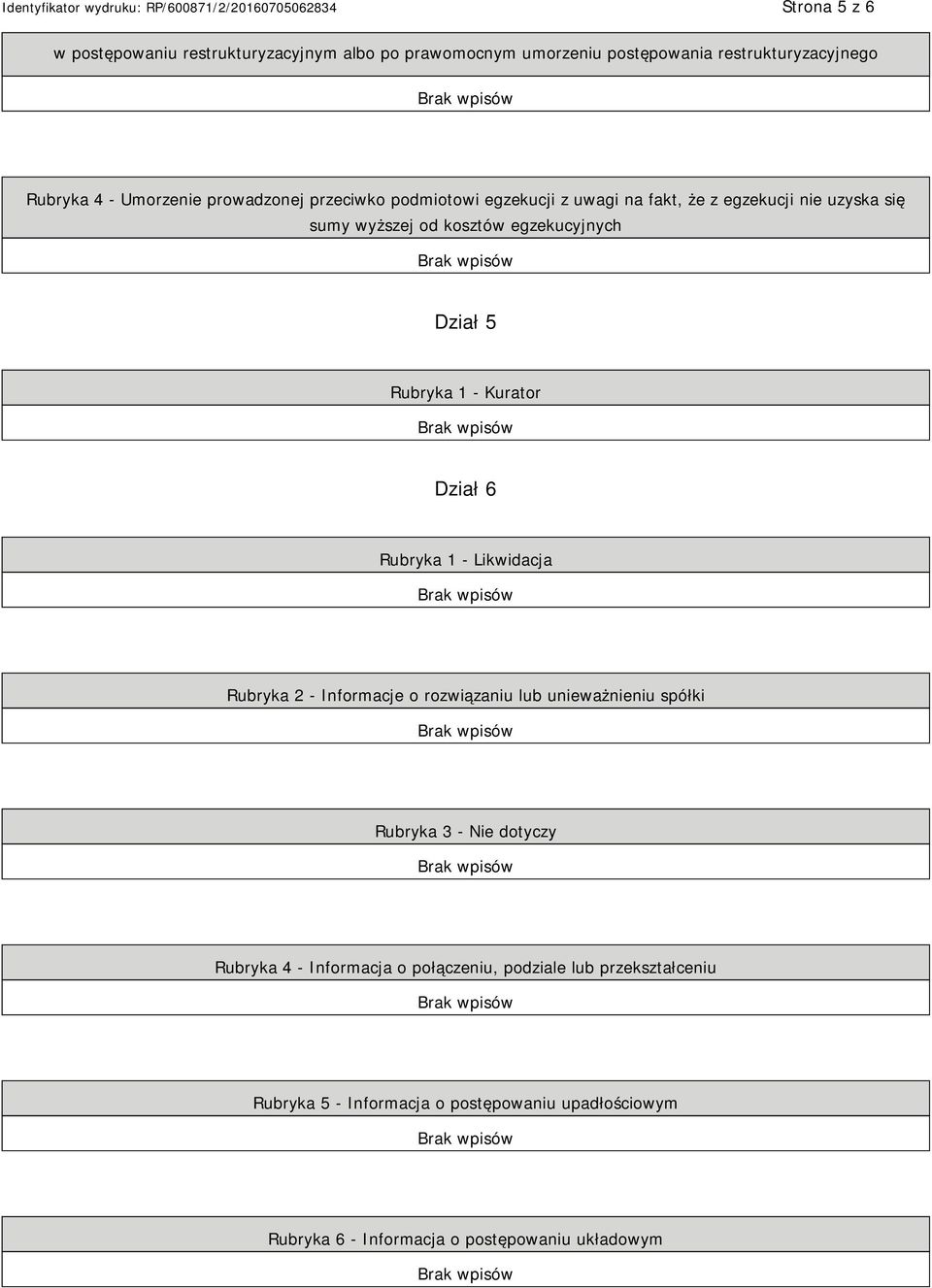 Rubryka 1 - Kurator Dział 6 Rubryka 1 - Likwidacja Rubryka 2 - Informacje o rozwiązaniu lub unieważnieniu spółki Rubryka 3 - Nie dotyczy