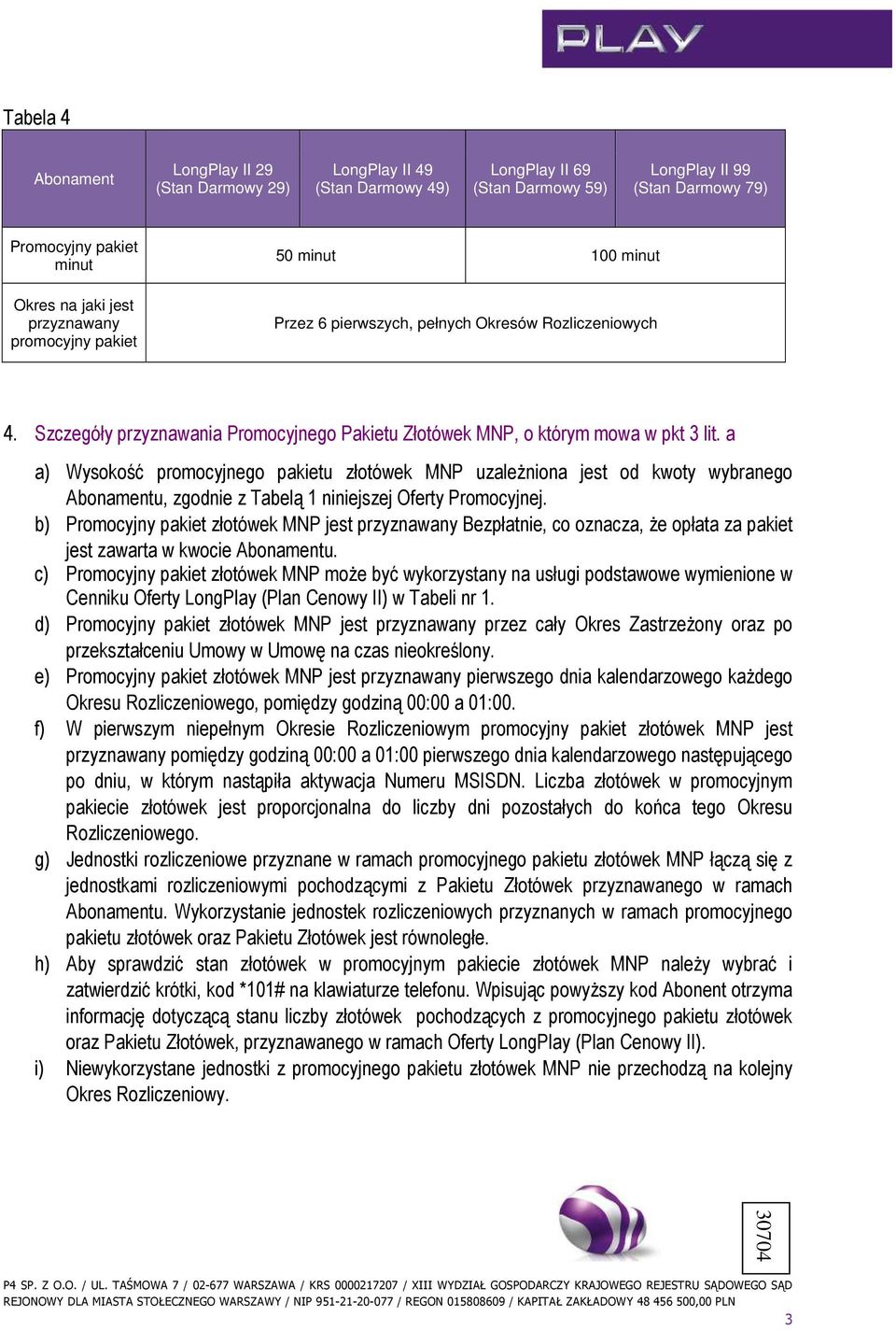a a) Wysokość promocyjnego pakietu złotówek MNP uzaleŝniona jest od kwoty wybranego Abonamentu, zgodnie z Tabelą 1 niniejszej Oferty Promocyjnej.