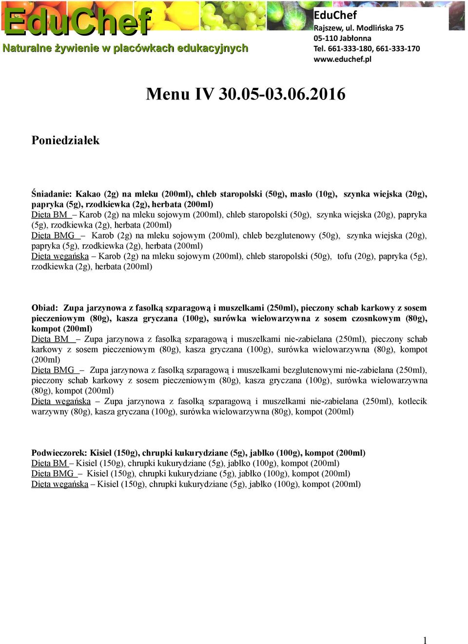 staropolski (50g), szynka wiejska (20g), papryka (5g), rzodkiewka (2g), herbata Dieta BMG Karob (2g) na mleku sojowym, chleb bezglutenowy (50g), szynka wiejska (20g), papryka (5g), rzodkiewka (2g),