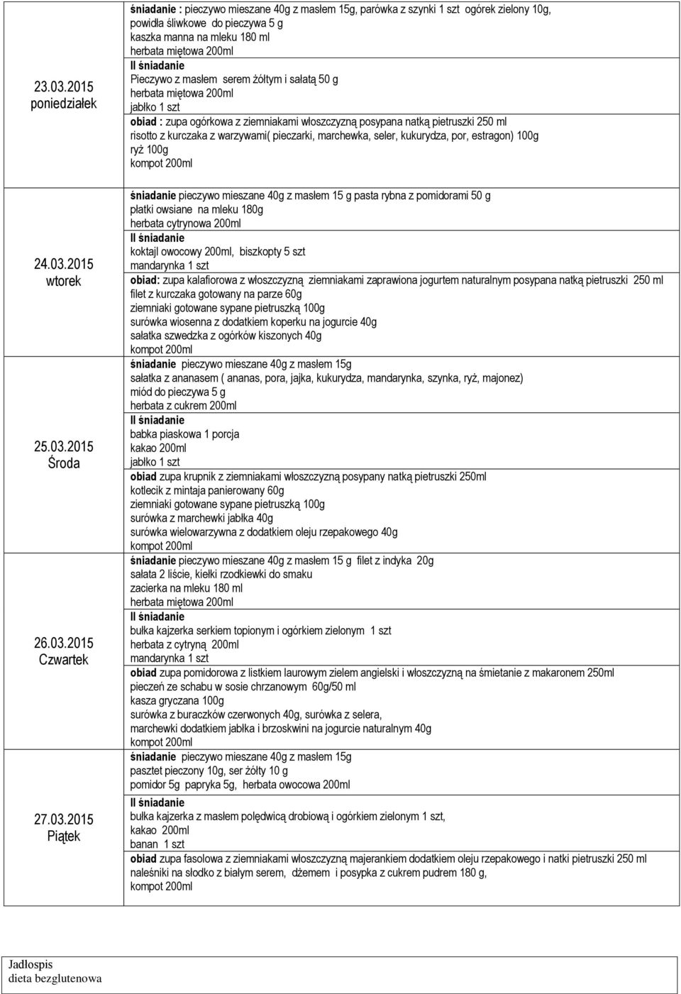 2015 śniadanie : pieczywo mieszane 40g z masłem 15g, parówka z szynki 1 szt ogórek zielony 10g, kaszka manna na mleku 180 ml Pieczywo z masłem serem żółtym i sałatą 50 g obiad : zupa ogórkowa z