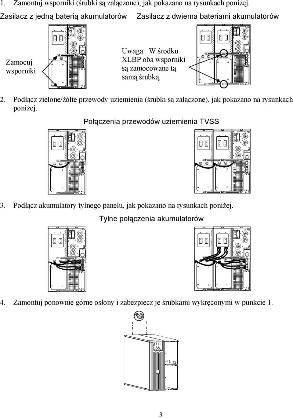 zamocowane tą samą śrubką. 2. Podłącz zielone/żółte przewody uziemienia (śrubki są załączone), jak pokazano na rysunkach poniżej.