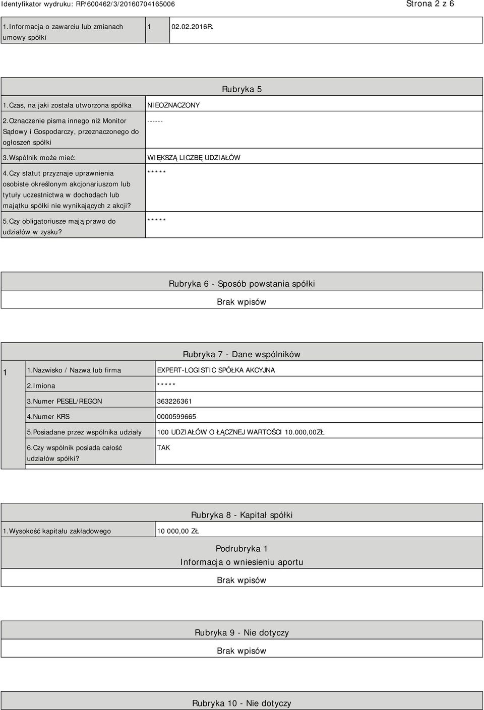 Czy statut przyznaje uprawnienia osobiste określonym akcjonariuszom lub tytuły uczestnictwa w dochodach lub majątku spółki nie wynikających z akcji? 5.