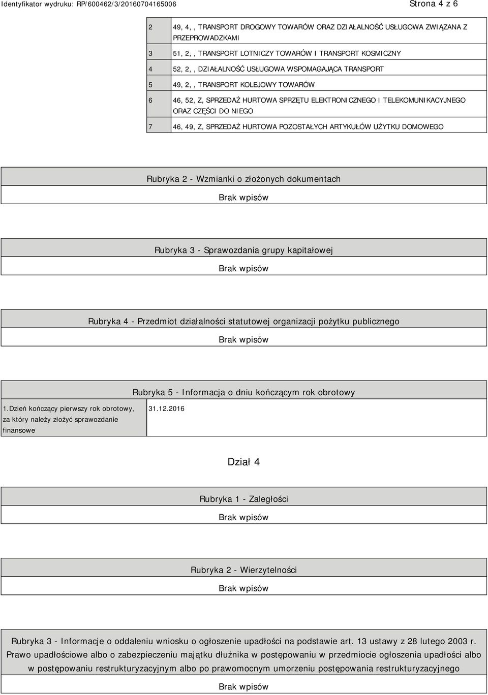 ARTYKUŁÓW UŻYTKU DOMOWEGO Rubryka 2 - Wzmianki o złożonych dokumentach Rubryka 3 - Sprawozdania grupy kapitałowej Rubryka 4 - Przedmiot działalności statutowej organizacji pożytku publicznego Rubryka