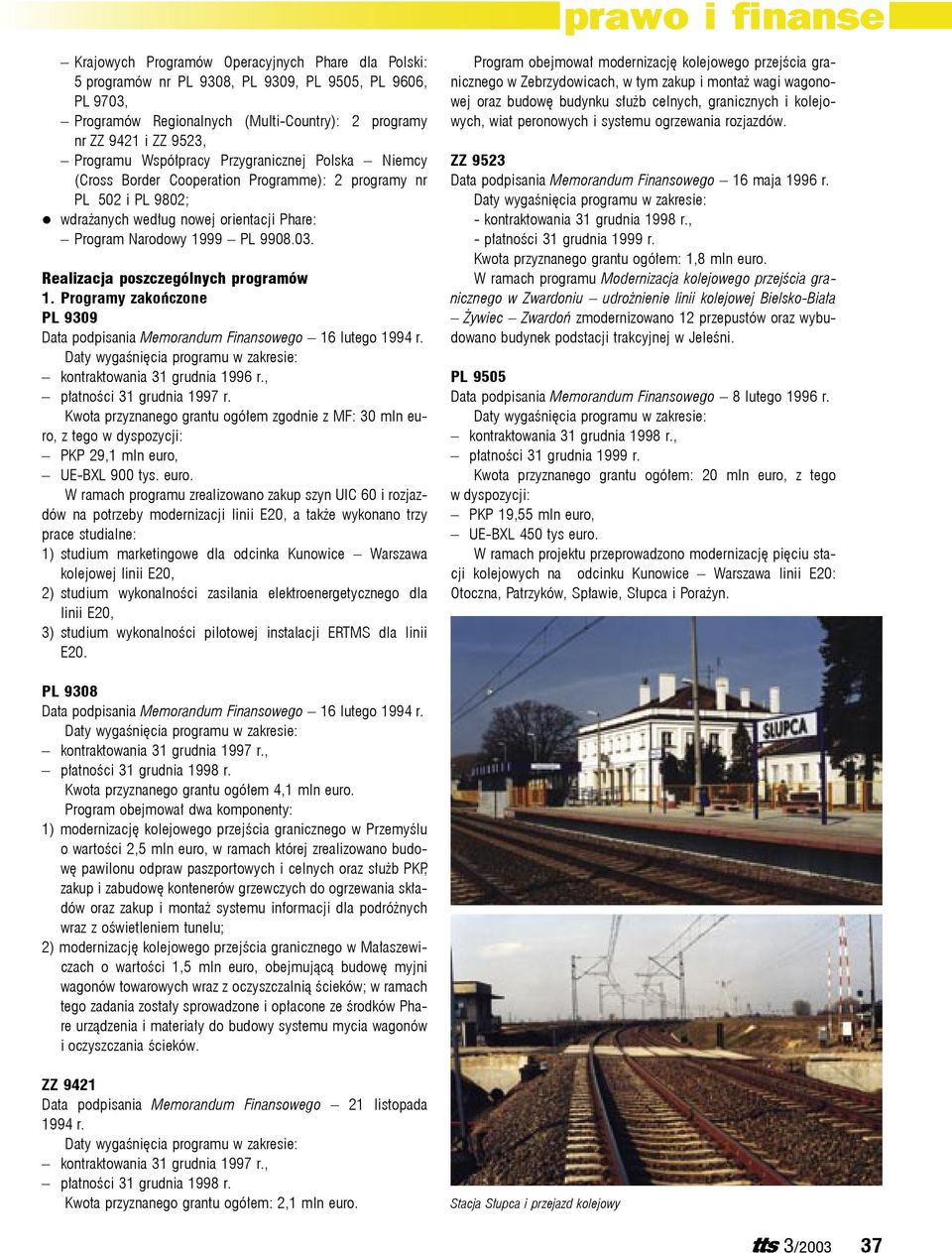 Realizacja poszczególnych programów 1. Programy zakończone PL 9309 Data podpisania Memorandum Finansowego 16 lutego 1994 r. kontraktowania 31 grudnia 1996 r., płatności 31 grudnia 1997 r.