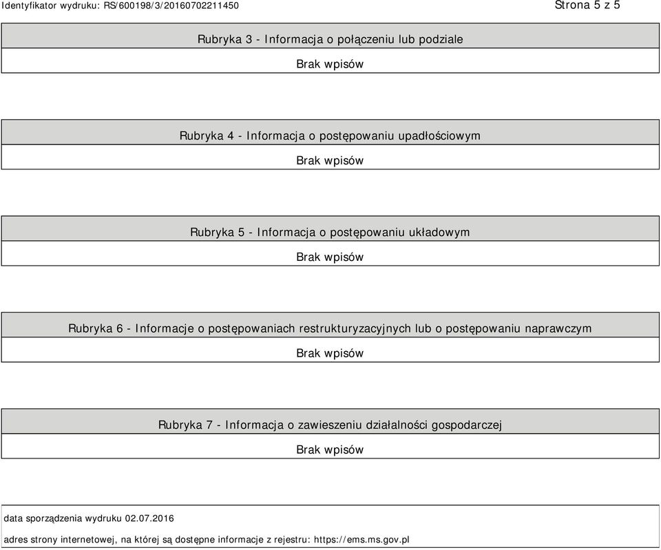 restrukturyzacyjnych lub o postępowaniu naprawczym Rubryka 7 - Informacja o zawieszeniu działalności