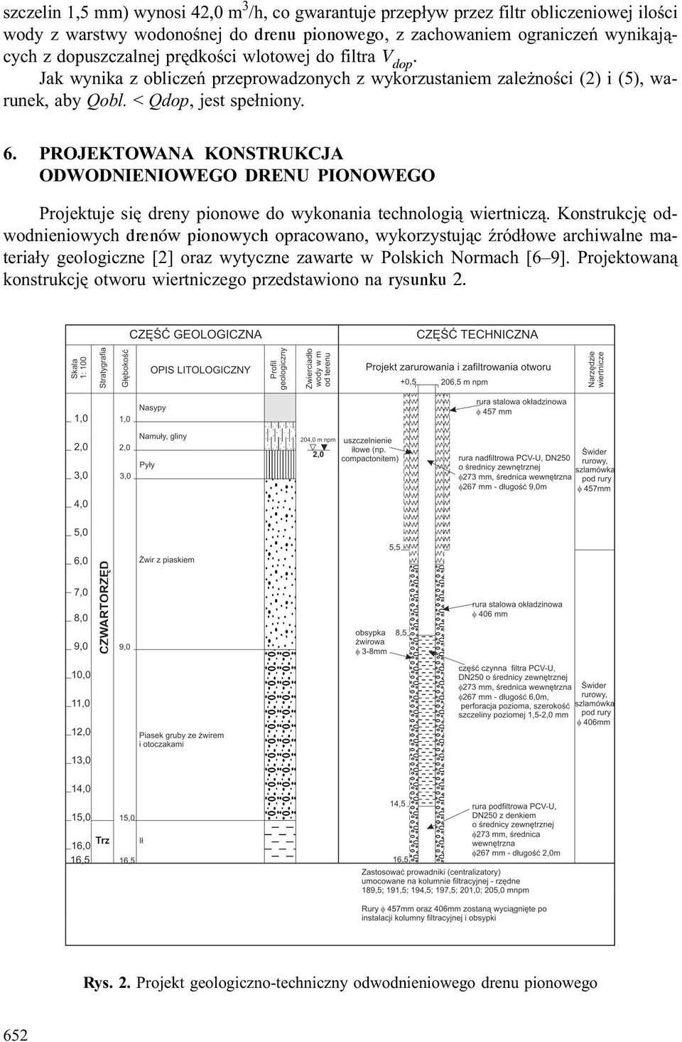 PROJEKTOWANA KONSTRUKCJA ODWODNIENIOWEGO DRENU PIONOWEGO Projektuje siê dreny pionowe do wykonania technologi¹ wiertnicz¹.