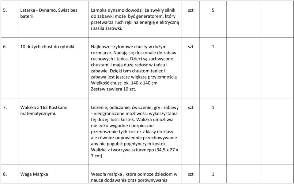 Dzięki tym chustom taniec i zabawa jest jeszcze większą przyjemnością Wielkość chust: ok. 140 x 140 cm Zestaw zawiera 10 szt. 7. Walizka z 162 Kostkami matematycznymi.