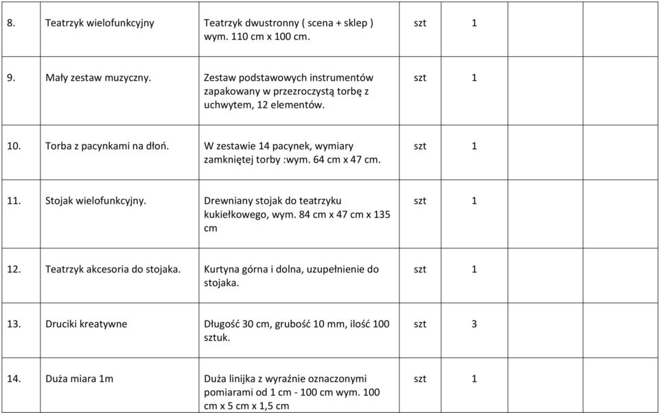 W zestawie 14 pacynek, wymiary zamkniętej torby :wym. 64 cm x 47 cm. 11. Stojak wielofunkcyjny. Drewniany stojak do teatrzyku kukiełkowego, wym.