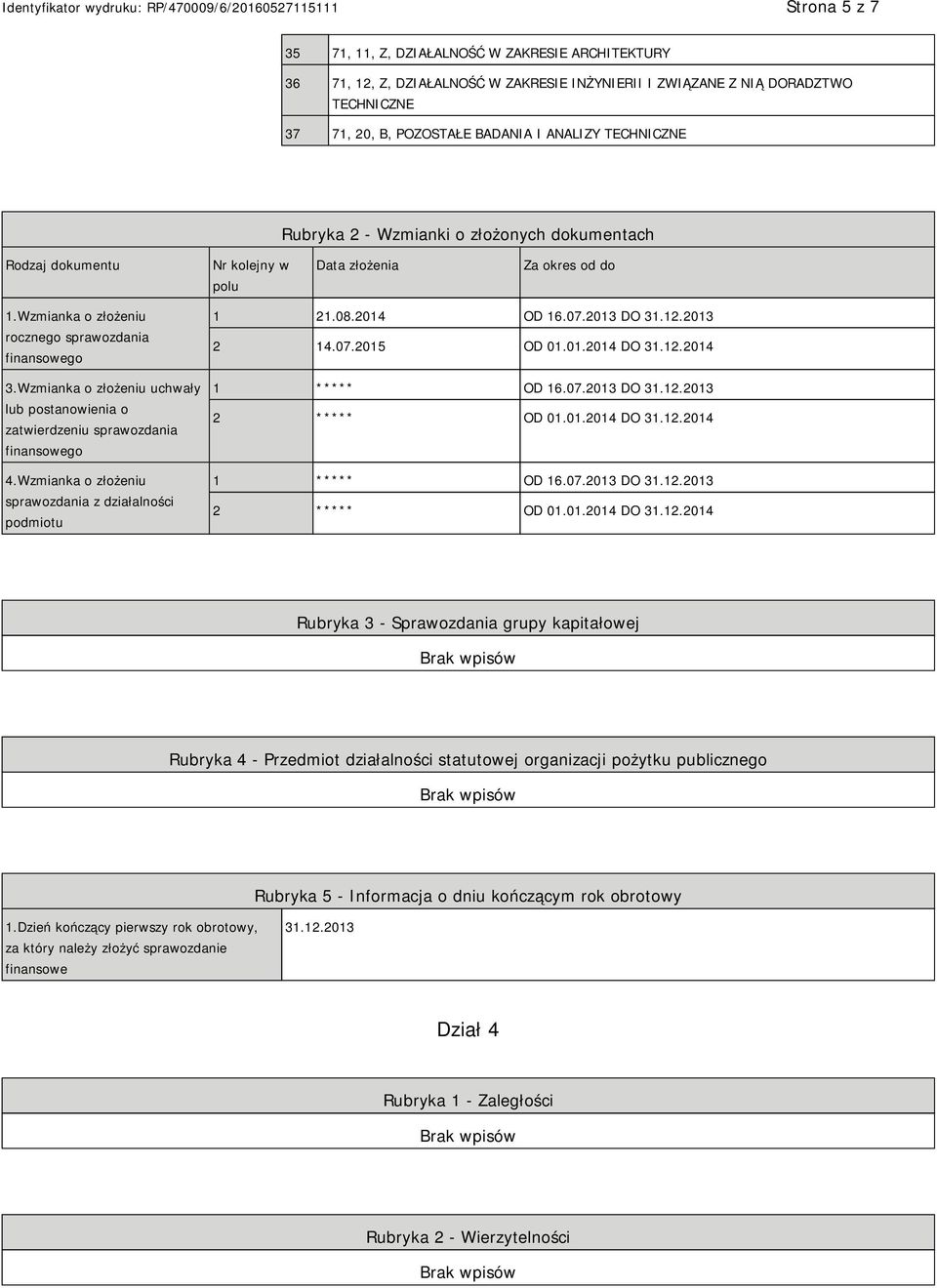 Wzmianka o złożeniu uchwały lub postanowienia o zatwierdzeniu sprawozdania finansowego 4.Wzmianka o złożeniu sprawozdania z działalności podmiotu 1 21.08.2014 OD 16.07.2013 DO 31.12.2013 2 14.07.2015 OD 01.