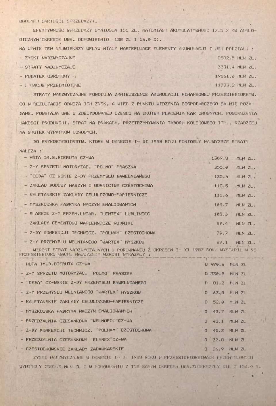 2 MLN ZL. STRTY NDZWYCZJNE POWODUJĄ ZMNEJSZENE KUMULCJ FNNSOWEJ PRZEDSĘORSTW. CO W REZULTCE ONŻ CH ZYSK, WEC Z PUNKTU WDZEN GOSPODRCZEGO S NE POŻĄ DNE.