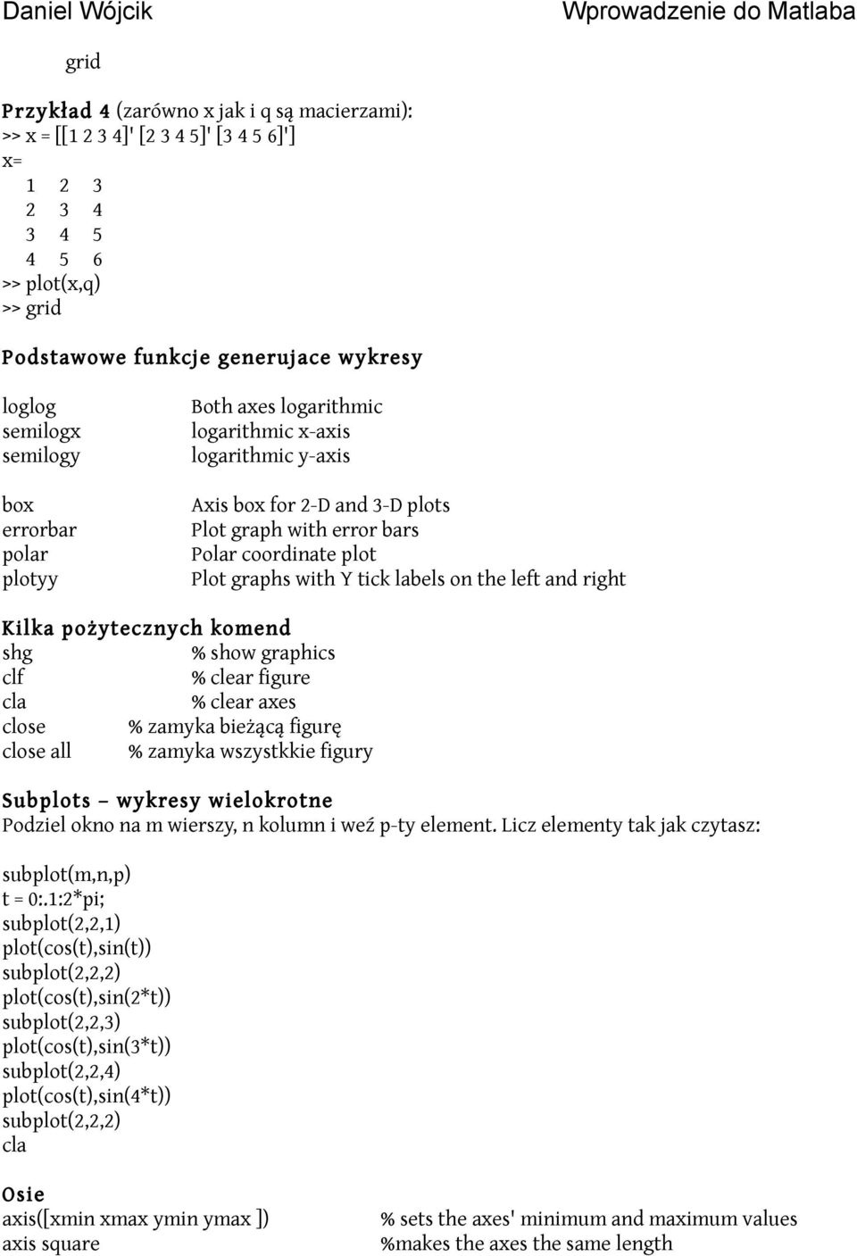 labels on the left and right Kilka pożytecznych komend shg % show graphics clf % clear figure cla % clear axes close % zamyka bieżącą figurę close all % zamyka wszystkkie figury Subplots wykresy