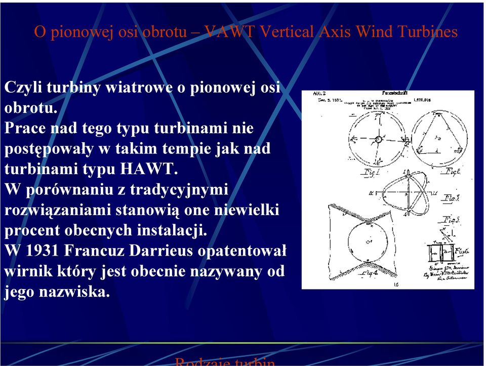 Prace nad tego typu turbinami nie postępowały w takim tempie jak nad turbinami typu HAWT.