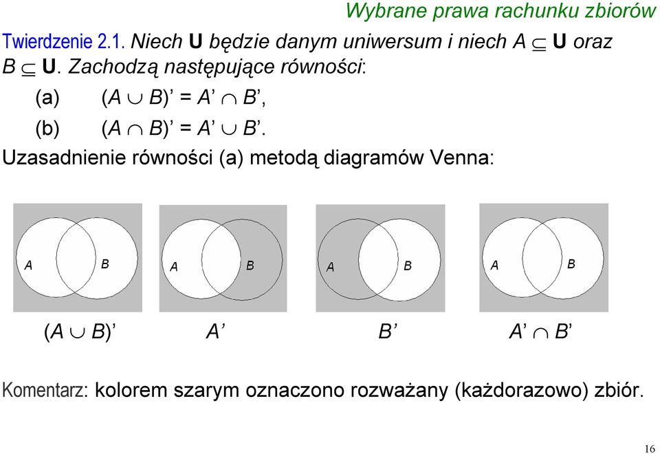 Zachodzą następujące równości: (a) (A B) = A B, (b) (A B) = A B.