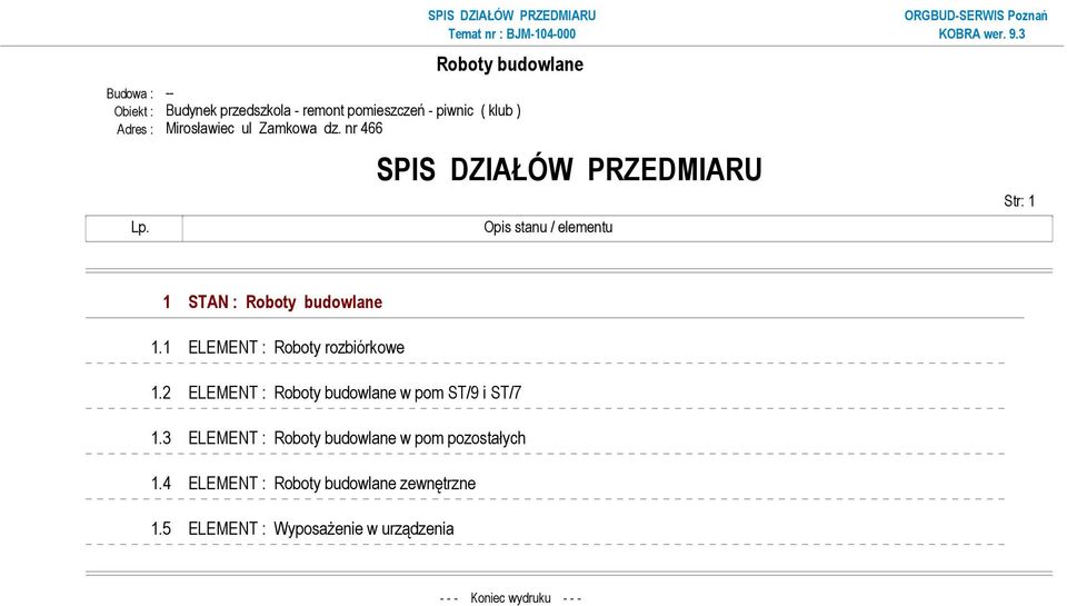 SPIS DZIAŁÓW PRZEDMIARU Opis stanu / elementu Str: 1 1 STAN : 1.1 ELEMENT : Roboty rozbiórkowe 1.