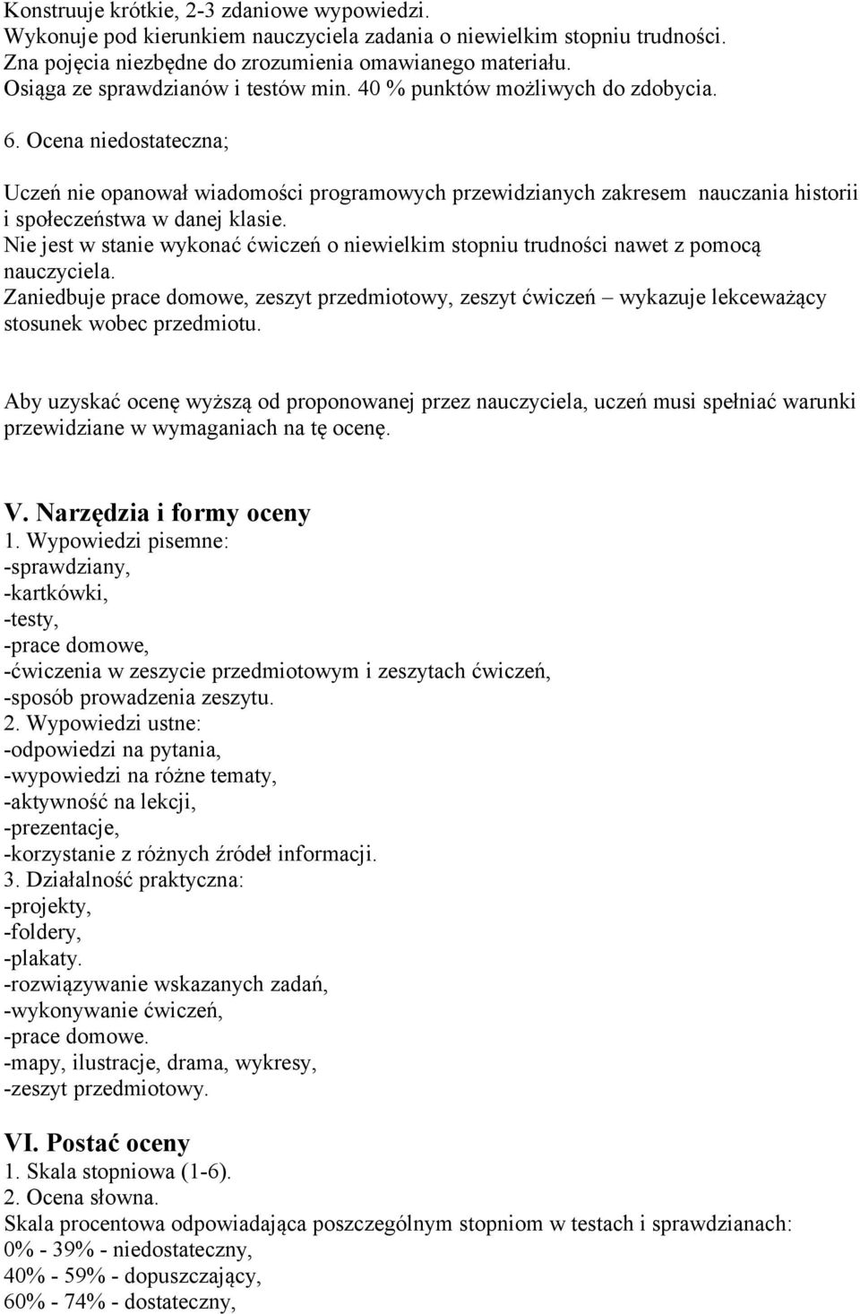 Ocena niedostateczna; Uczeń nie opanował wiadomości programowych przewidzianych zakresem nauczania historii i społeczeństwa w danej klasie.