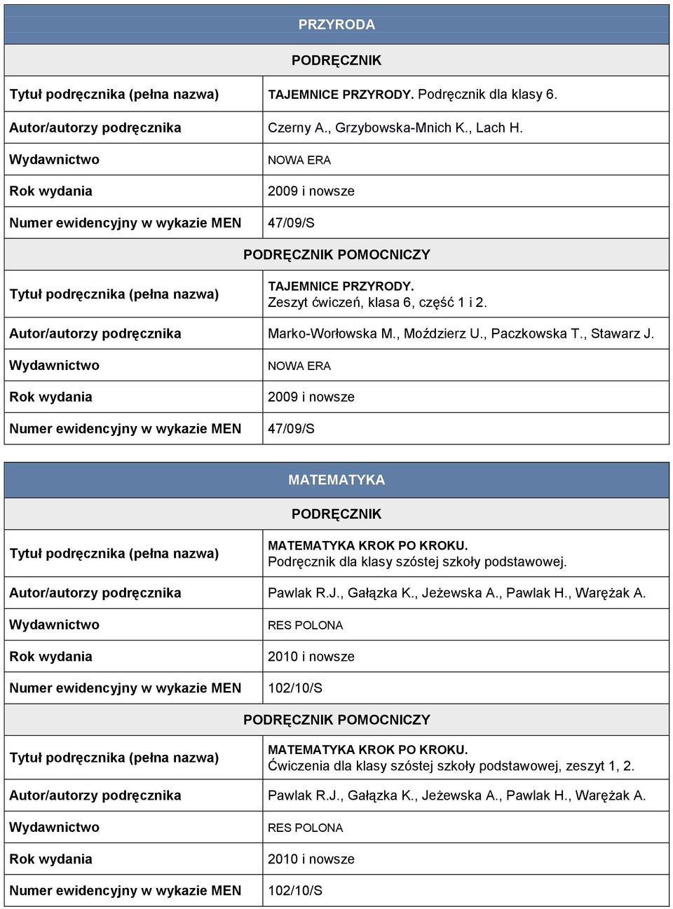 2009 i nowsze 47/09/S MATEMATYKA MATEMATYKA KROK PO KROKU. Podręcznik dla klasy szóstej szkoły podstawowej. Pawlak R.J., Gałązka K., Jeżewska A.