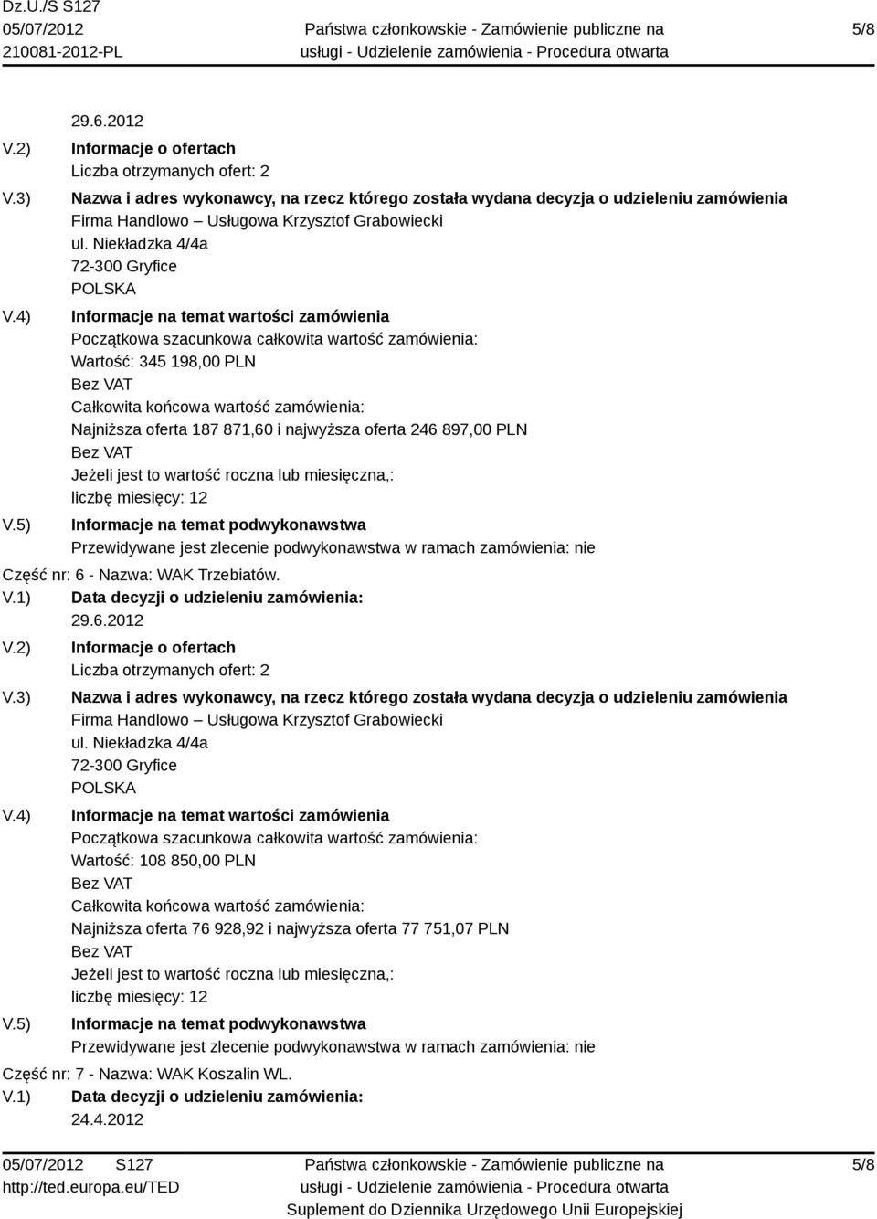12 Część nr: 6 - Nazwa: WAK Trzebiatów. 29.6.2012 Liczba otrzymanych ofert: 2 Firma Handlowo Usługowa Krzysztof Grabowiecki ul.