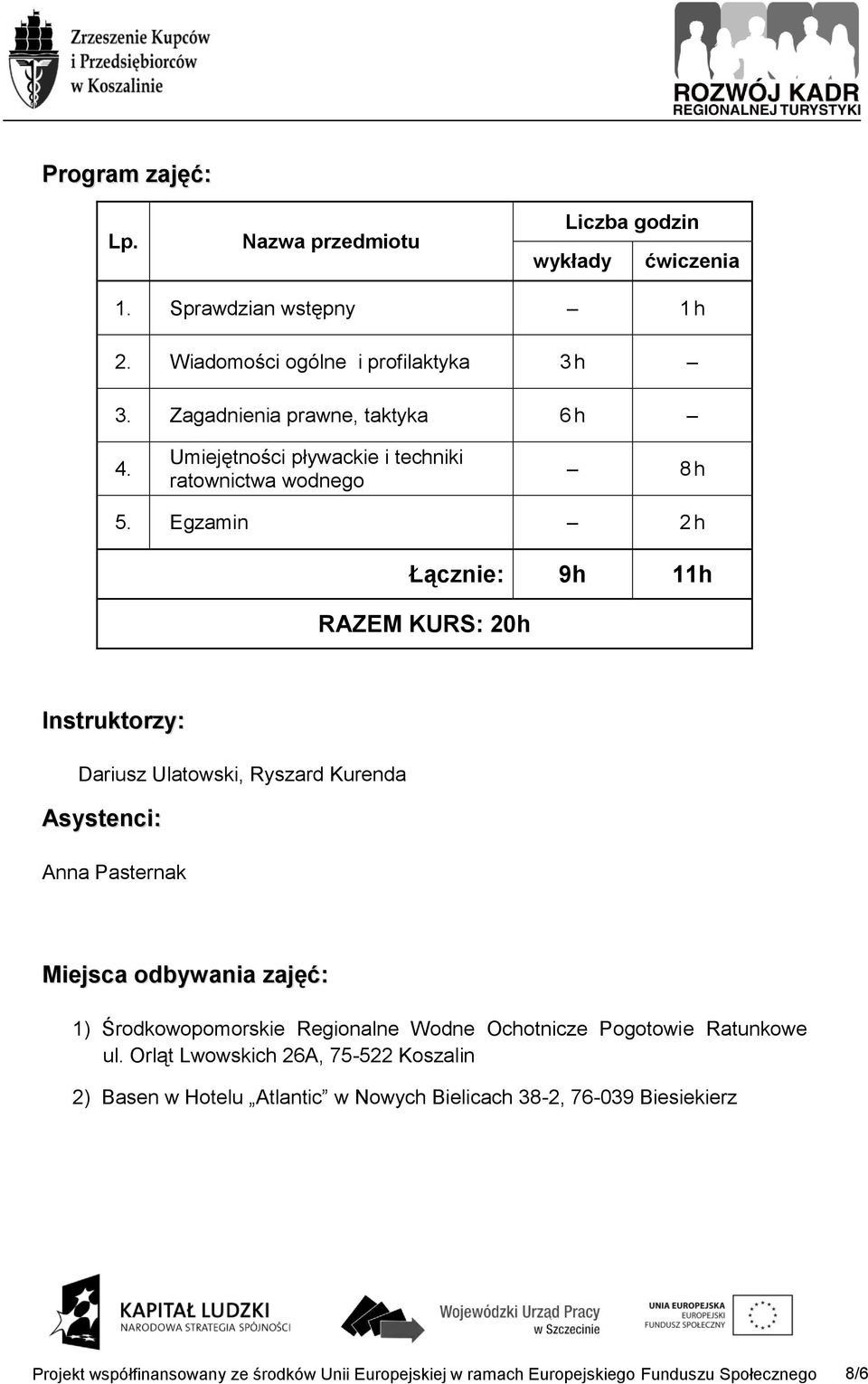 Egzamin 2 h Łącznie: 9h 11h RAZEM KURS: 20h Instruktorzy: Dariusz Ulatowski, Ryszard Kurenda Asystenci: Anna Pasternak Miejsca odbywania