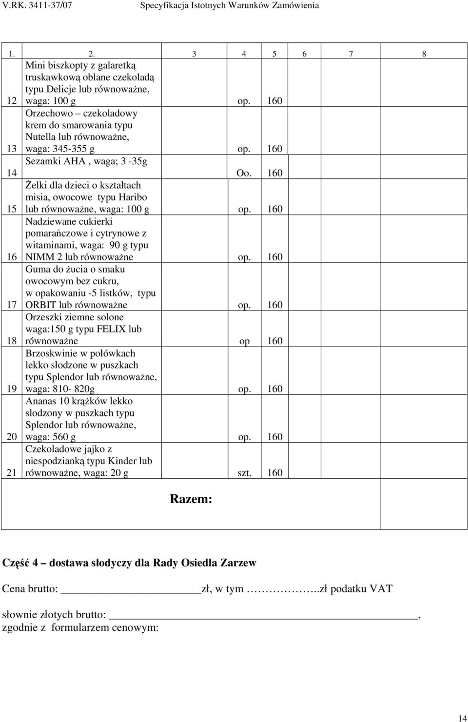 160 15 Żelki dla dzieci o kształtach misia, owocowe typu Haribo lub równoważne, waga: 100 g op.