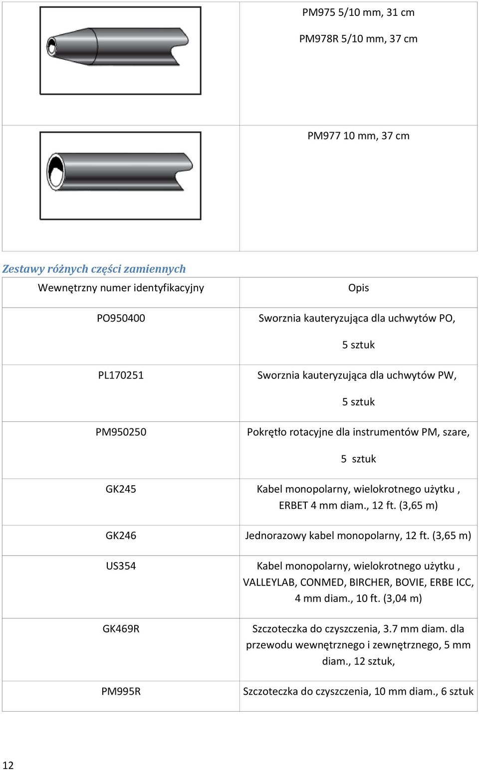 , 12 ft. (3,65 m) GK246 Jednorazowy kabel monopolarny, 12 ft. (3,65 m) US354 Kabel monopolarny, wielokrotnego użytku, VALLEYLAB, CONMED, BIRCHER, BOVIE, ERBE ICC, 4 mm diam.
