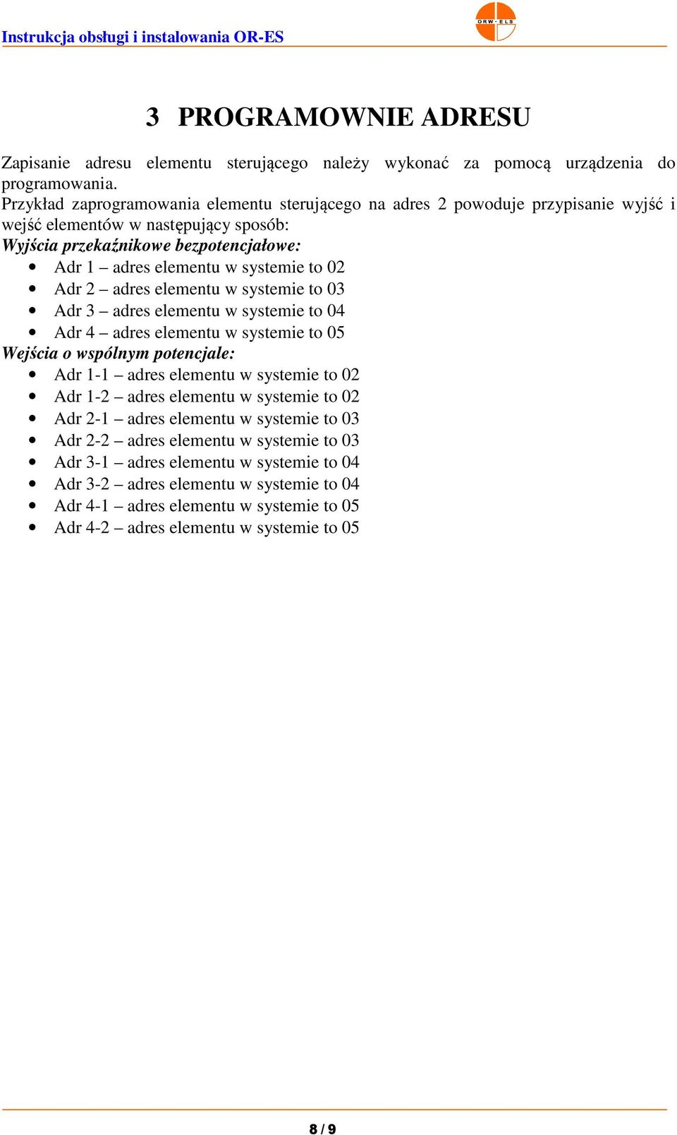 to 0 Adr adres elementu w systemie to 03 Adr 3 adres elementu w systemie to 04 Adr 4 adres elementu w systemie to 05 Wejścia o wspólnym potencjale: Adr - adres elementu w systemie to 0 Adr -