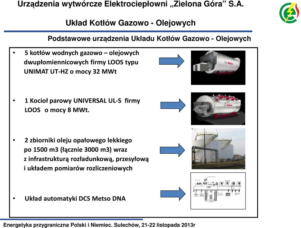 olejowych dwupłomiennicowych firmy LOOS typu UNIMAT UT-HZ o mocy 32 MWt 1 Kocioł parowy UNIVERSAL UL-S firmy LOOS o