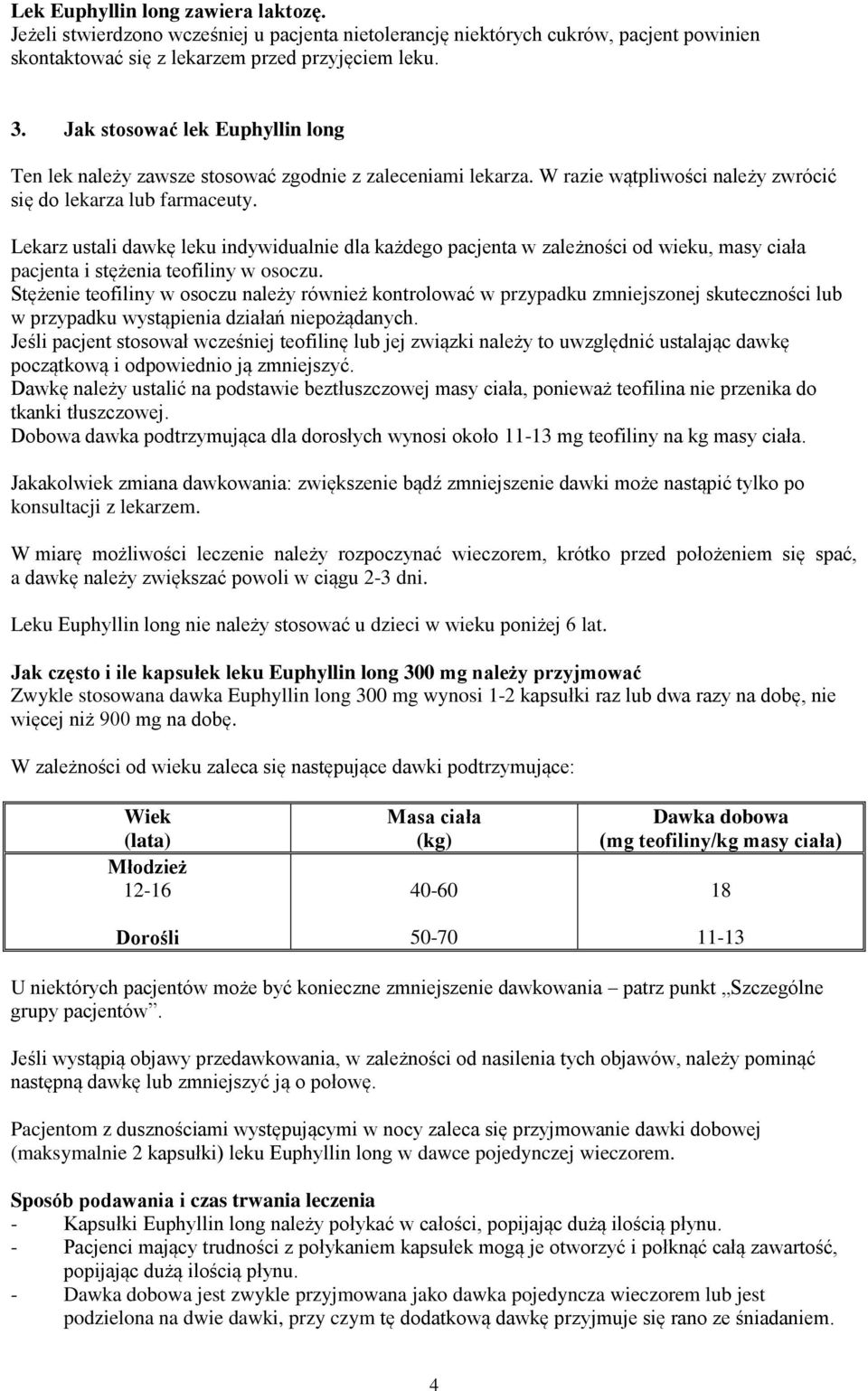 Lekarz ustali dawkę leku indywidualnie dla każdego pacjenta w zależności od wieku, masy ciała pacjenta i stężenia teofiliny w osoczu.