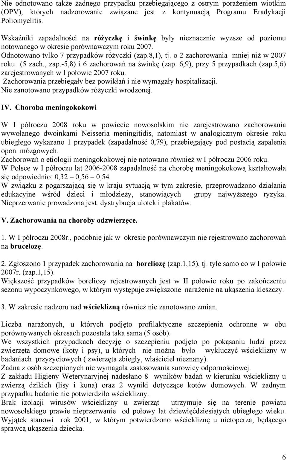 o 2 zachorowania mniej niż w 27 roku (5 zach., zap.5,8) i 6 zachorowań na świnkę (zap. 6,9), przy 5 przypadkach (zap.5,6) zarejestrowanych w I połowie 27 roku.