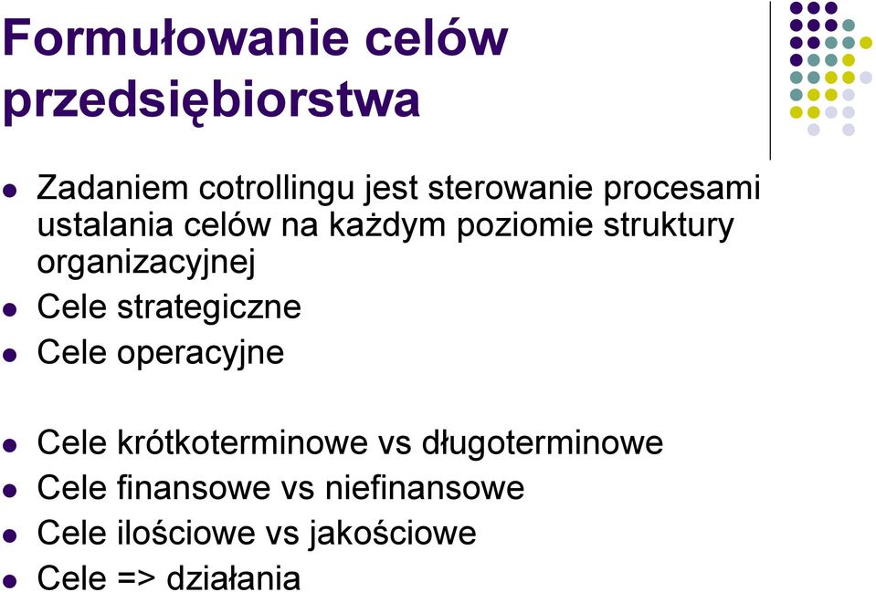 Cele strategiczne Cele operacyjne Cele krótkoterminowe vs długoterminowe