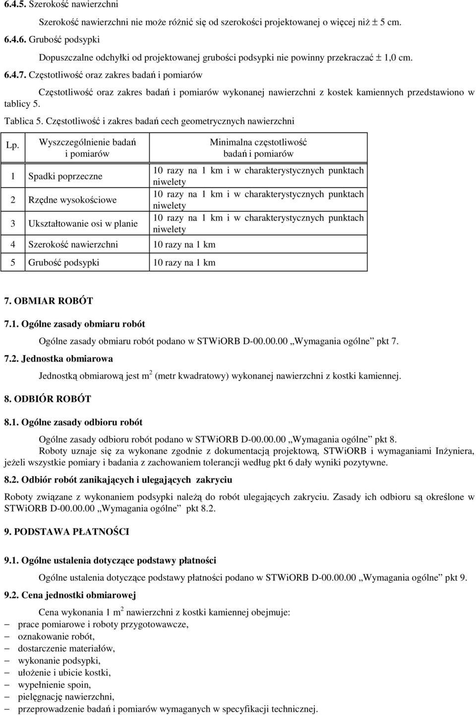 Częstotliwość i zakres badań cech geometrycznych nawierzchni Lp.