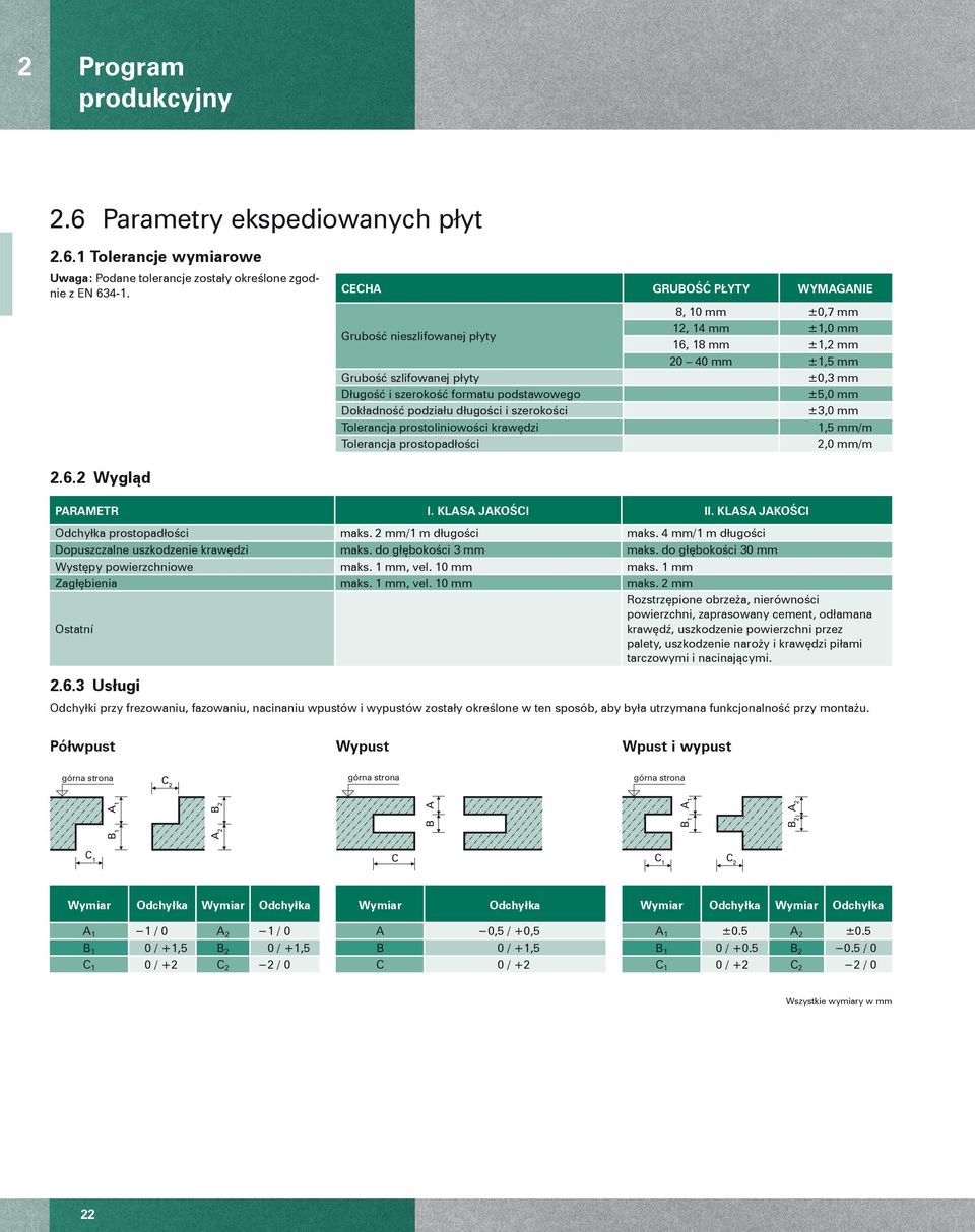 krawędzi Tolerancja prostopadłości 8, 10 mm ±0,7 mm 12, 14 mm ±1,0 mm 16, 18 mm ±1,2 mm 20 40 mm ±1,5 mm ±0,3 mm ±5,0 mm ±3,0 mm 1,5 mm/m 2,0 mm/m 2.6.2 Wygląd PARAMETR I. KLASA JAKOŚCI II.