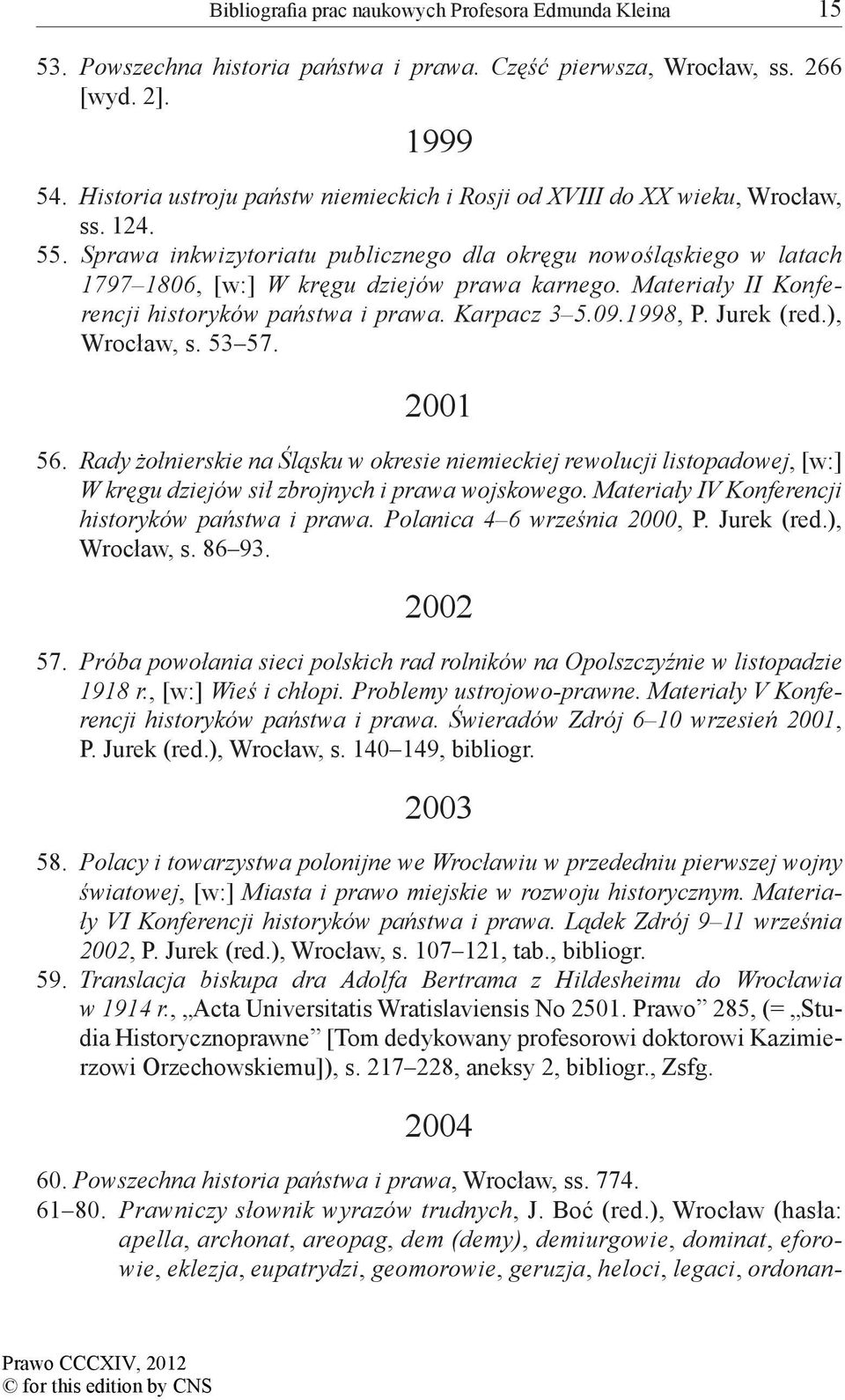 Sprawa inkwizytoriatu publicznego dla okręgu nowośląskiego w latach 1797 1806, [w:] W kręgu dziejów prawa karnego. Materiały II Konferencji historyków państwa i prawa. Karpacz 3 5.09.1998, P.