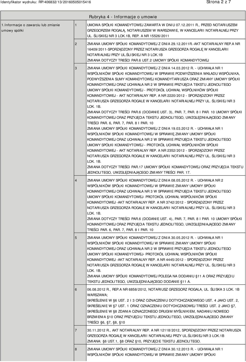 -AKT NOTARIALNY REP.A NR 16409/2011-SPORZĄDZONY PRZEZ NOTARIUSZA GRZEGORZA ROGALĘ W KANCELARII NOTARIALNEJ PRZY UL.ŚLISKIEJ NR 3 LOK.1B ZMIANA DOTYCZY TREŚCI PAR.6 UST.