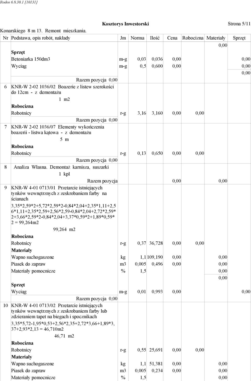 DemontaŜ karnisza, suszarki 1 kpl 9 KNR-W 0713/01 Przetarcie istniejących tynków wewnętrznych z zeskrobaniem farby na ścianach 3,35*2,59*2+5,72*2,59*2-0,84*2,04+2,35*1,11+2,5