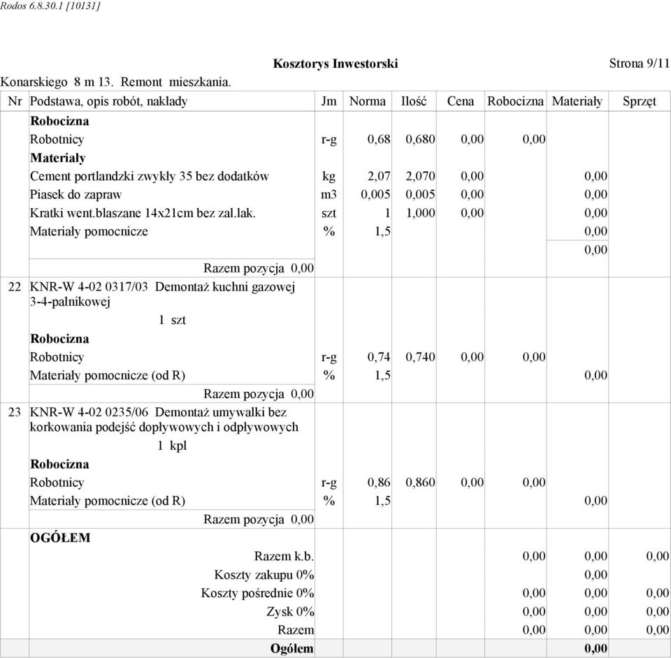 szt 1 1,000 pomocnicze % 1,5 22 KNR-W 4-02 0317/03 DemontaŜ kuchni gazowej 3-4-palnikowej 1 szt Robotnicy r-g 0,74 0,740 pomocnicze (od R) % 1,5 23