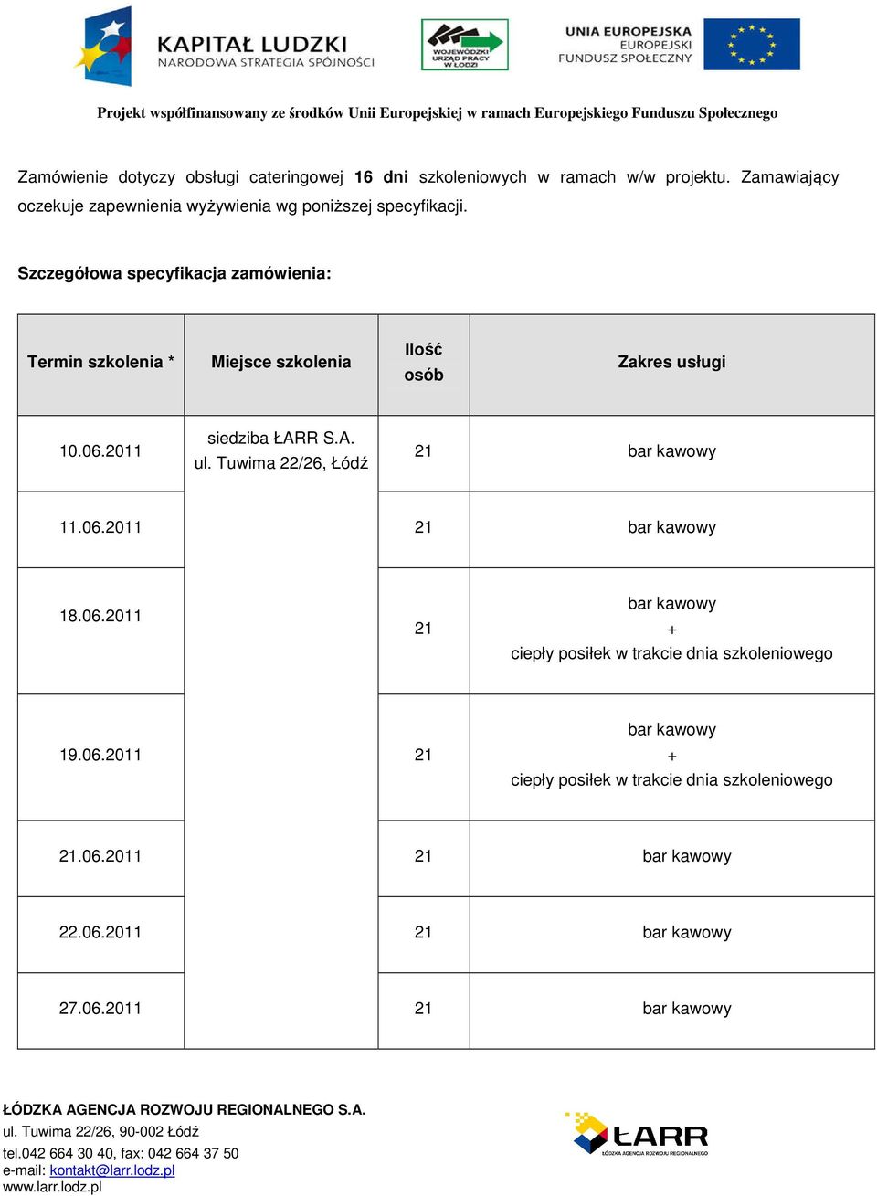 Szczegółowa specyfikacja zamówienia: siedziba ŁARR S.A. 10.06.2011 21 ul.