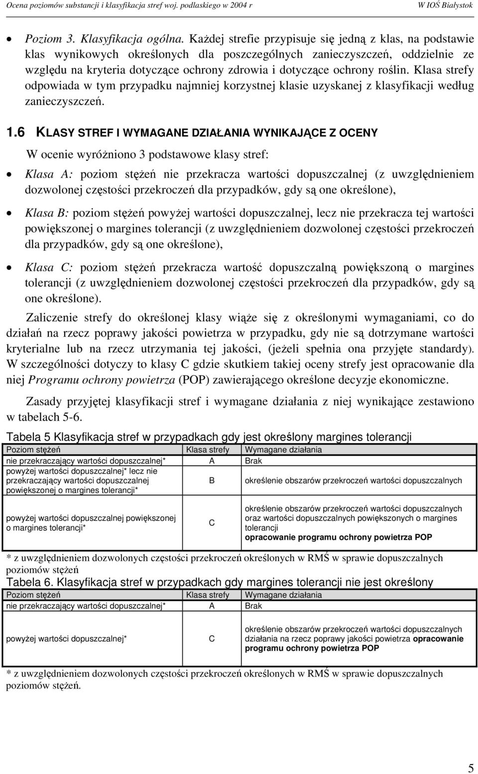 roślin. Klasa strefy odpowiada w tym przypadku najmniej korzystnej klasie uzyskanej z klasyfikacji według zanieczyszczeń. 1.