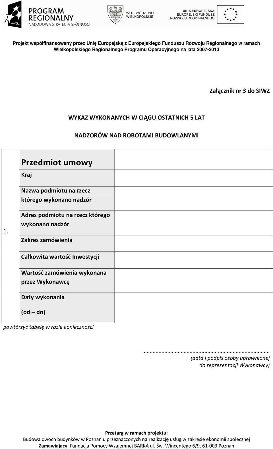 Adres podmiotu na rzecz którego wykonano nadzór Zakres zamówienia Całkowita wartość Inwestycji Wartość