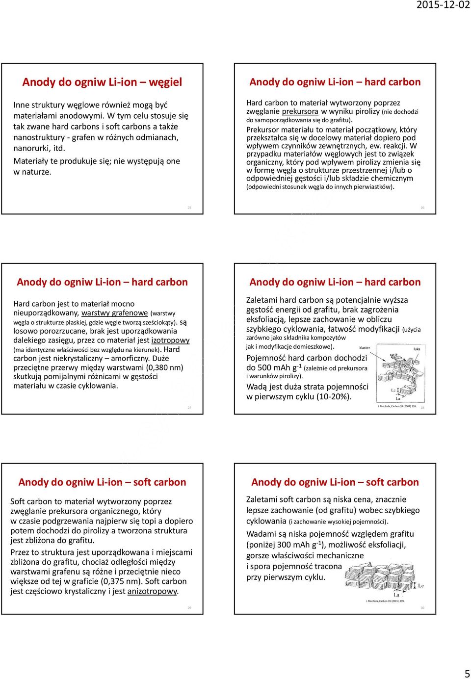 Anody do ogniw Li-ion hard carbon Hard carbonto materiał wytworzony poprzez zwęglanie prekursora w wyniku pirolizy (nie dochodzi do samoporządkowania się do grafitu).