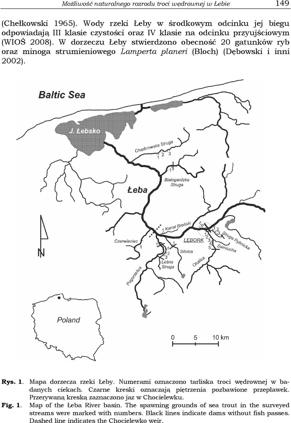 W dorzeczu Łeby stwierdzono obecność 20 gatunków ryb oraz minoga strumieniowego Lamperta planeri (Bloch) (Dębowski i inni 2002). Rys. 1. Mapa dorzecza rzeki Łeby.