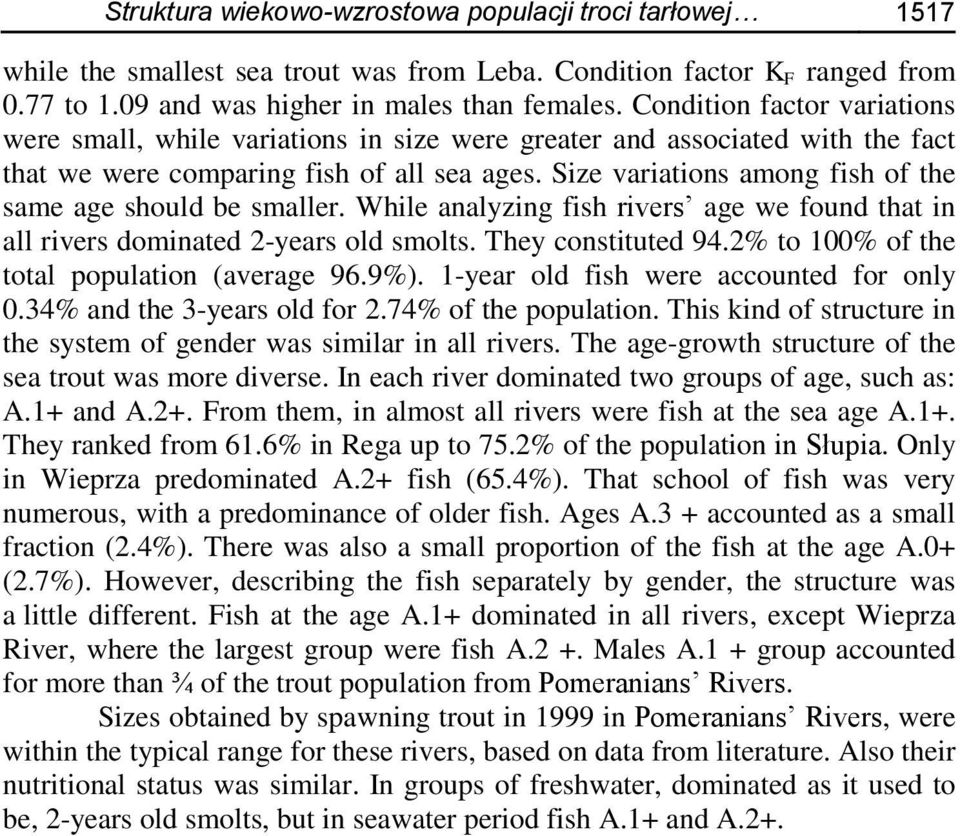 Size variations among fish of the same age should be smaller. While analyzing fish rivers age we found that in all rivers dominated 2-years old smolts. They constituted 94.