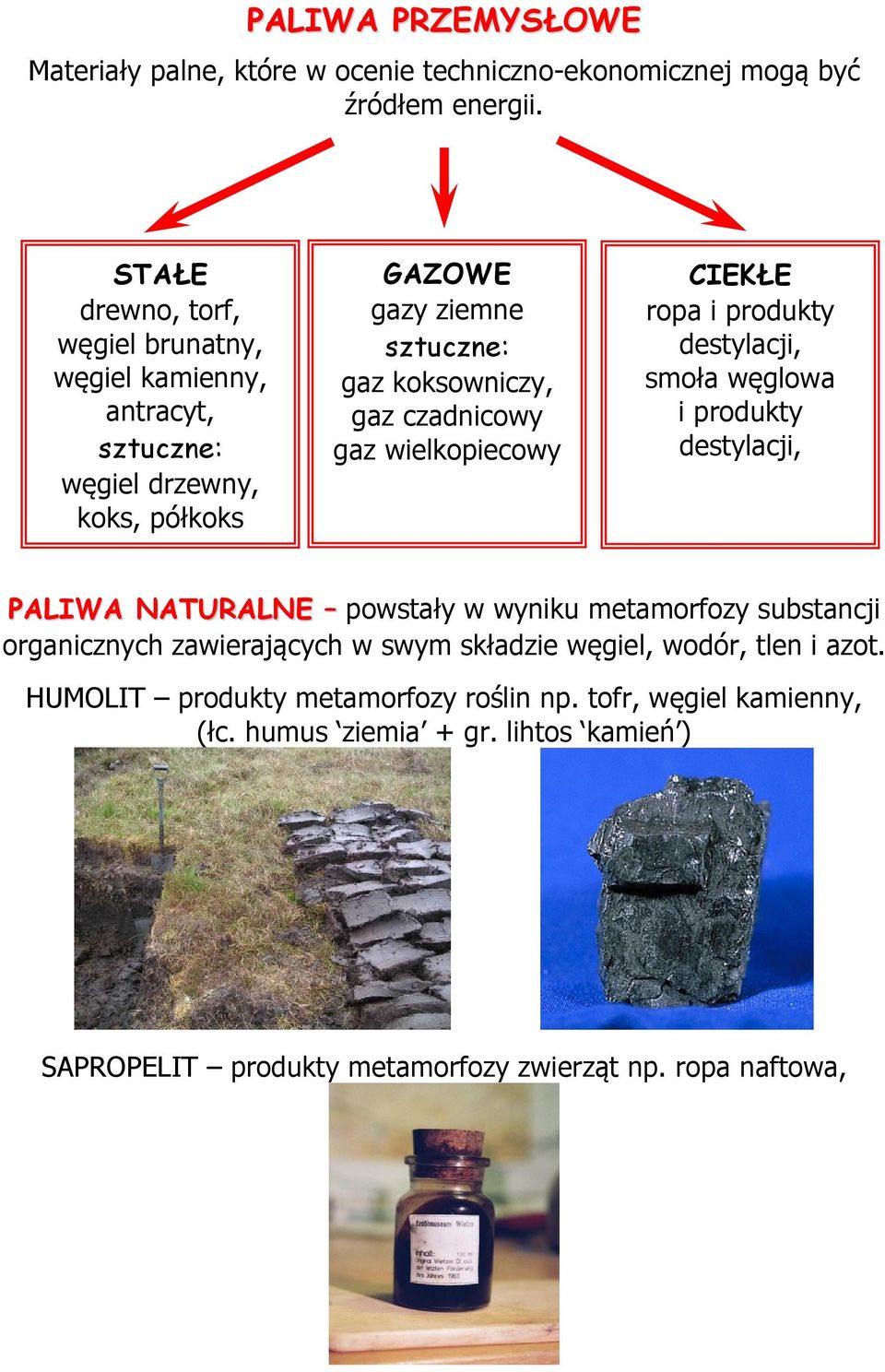 czadnicowy gaz wielkopiecowy CIEKŁE ropa i produkty destylacji, smoła węglowa i produkty destylacji, PALIWA NATURALNE powstały w wyniku metamorfozy substancji