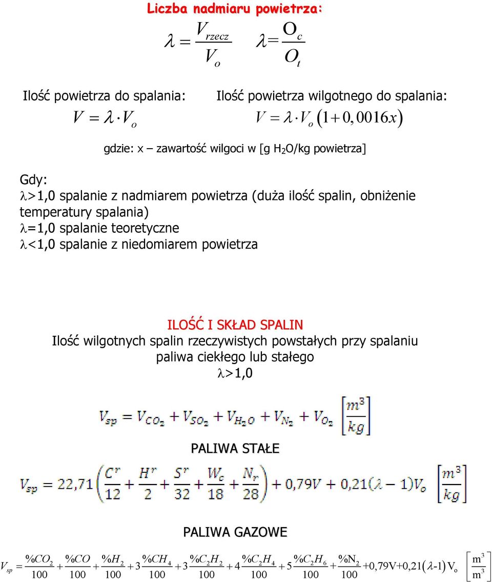 spalanie z niedomiarem powietrza c t o ILOŚĆ I SKŁAD SPALIN Ilość wilgotnych spalin rzeczywistych powstałych przy spalaniu paliwa ciekłego lub stałego