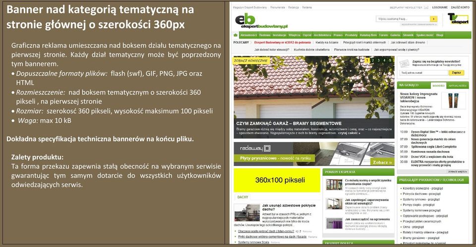 HTML Rozmieszczenie: nad boksem tematycznym o szerokości 360 pikseli, na pierwszej stronie Rozmiar: szerokosć 360 pikseli,