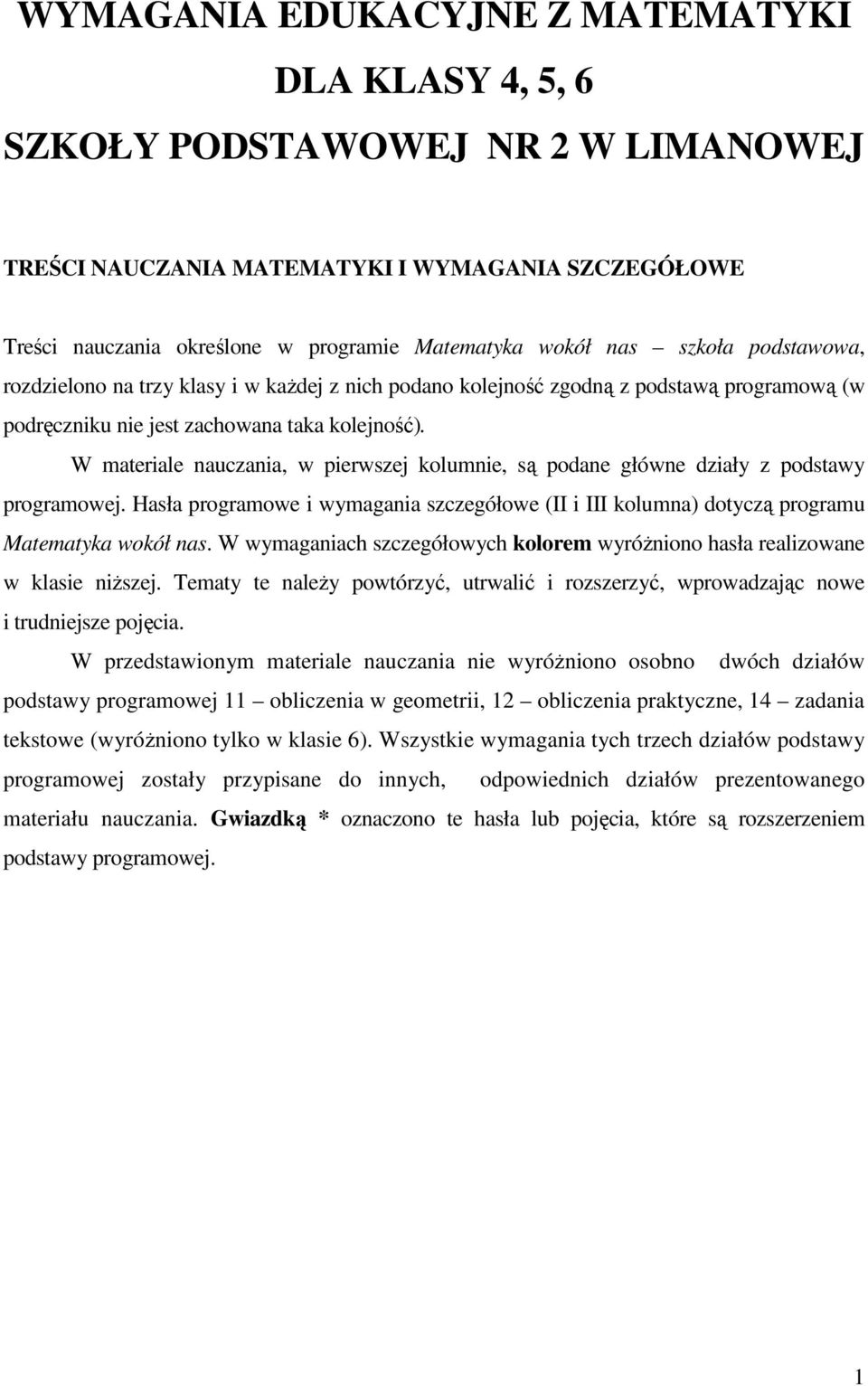 W materiale nauczania, w pierwszej kolumnie, są podane główne działy z podstawy programowej. Hasła programowe i wymagania szczegółowe (II i III kolumna) dotyczą programu Matematyka wokół nas.