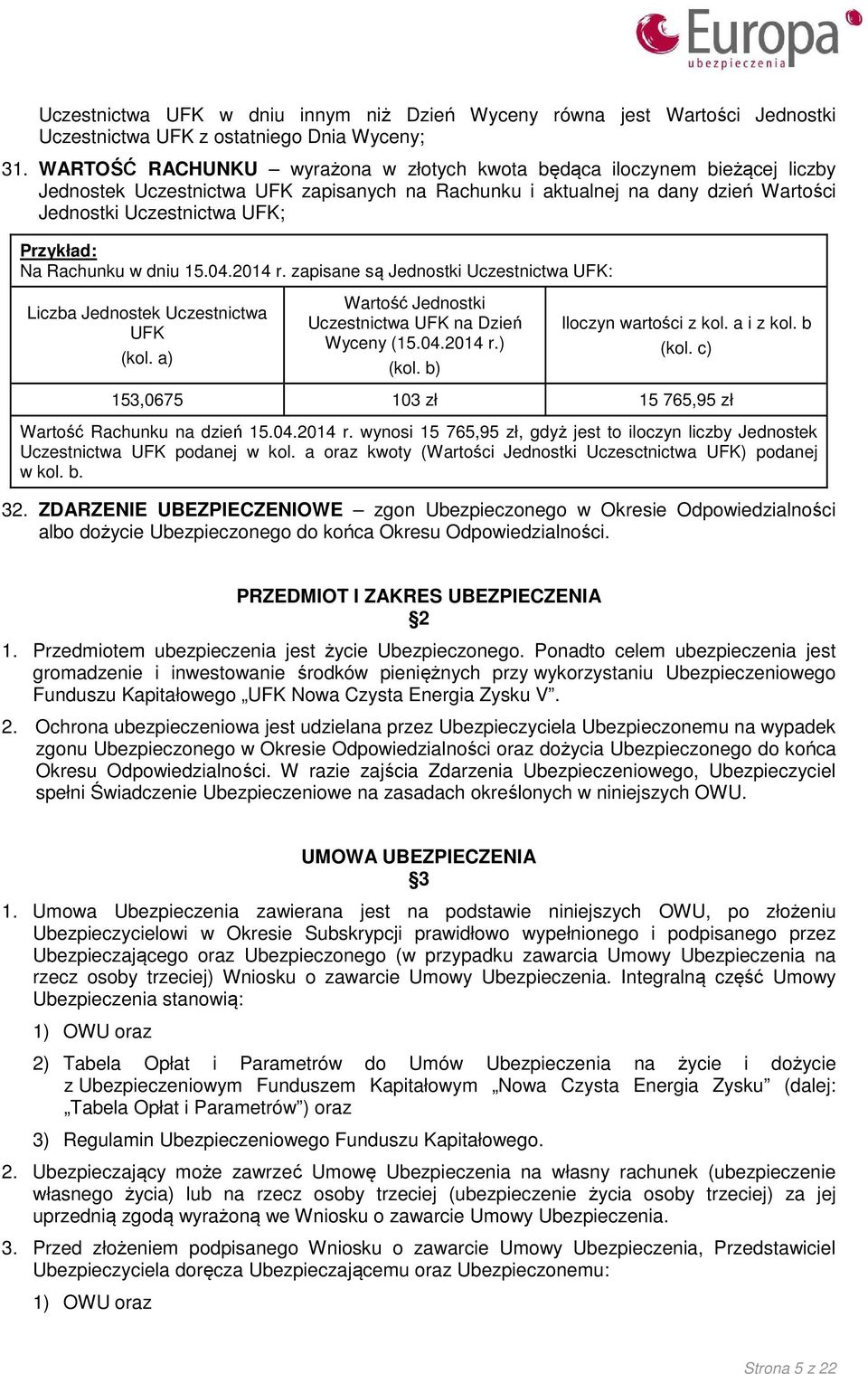 Na Rachunku w dniu 15.04.2014 r. zapisane są Jednostki Uczestnictwa UFK: Liczba Jednostek Uczestnictwa UFK (kol. a) Wartość Jednostki Uczestnictwa UFK na Dzień Wyceny (15.04.2014 r.) (kol.